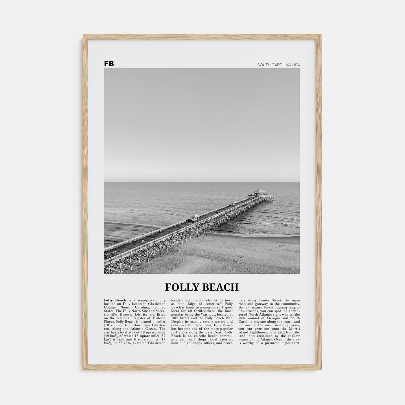 Folly Beach Travel B&W Poster