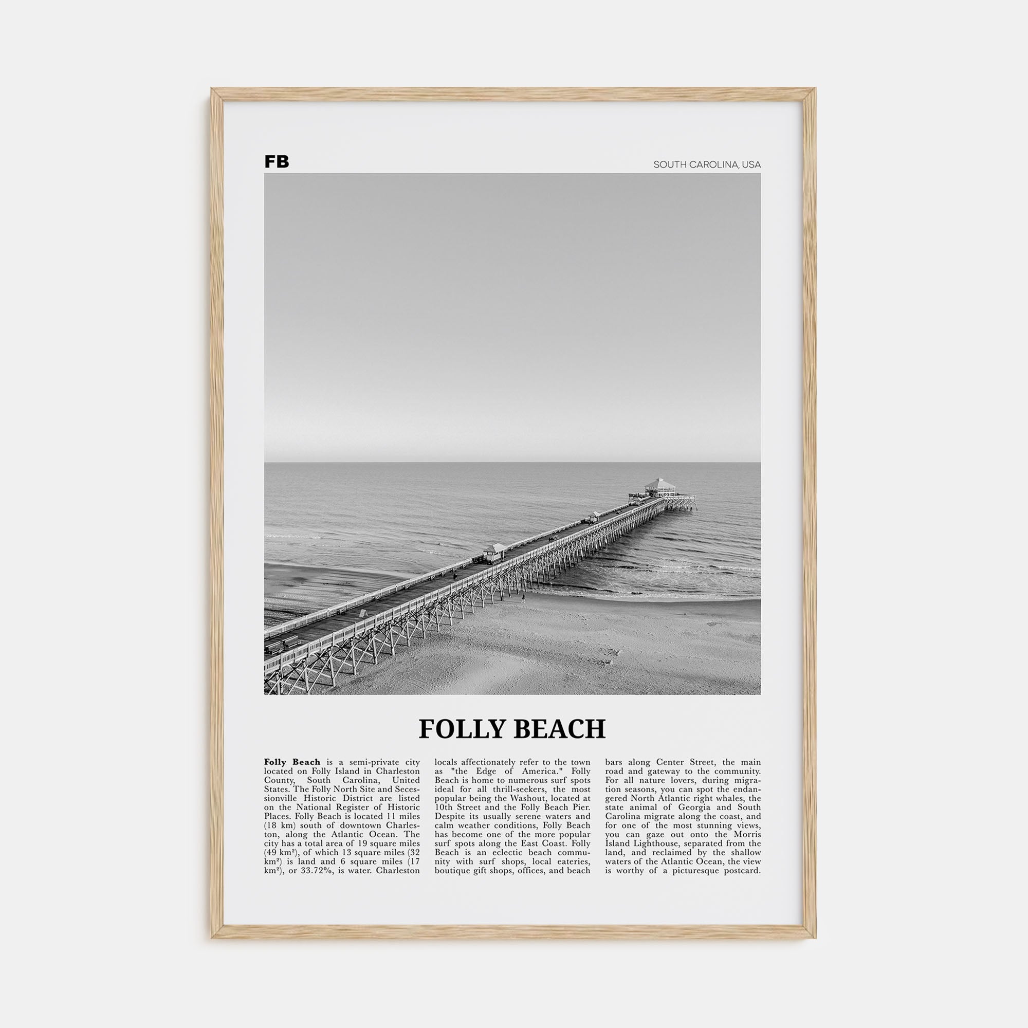 Folly Beach Travel B&W Poster