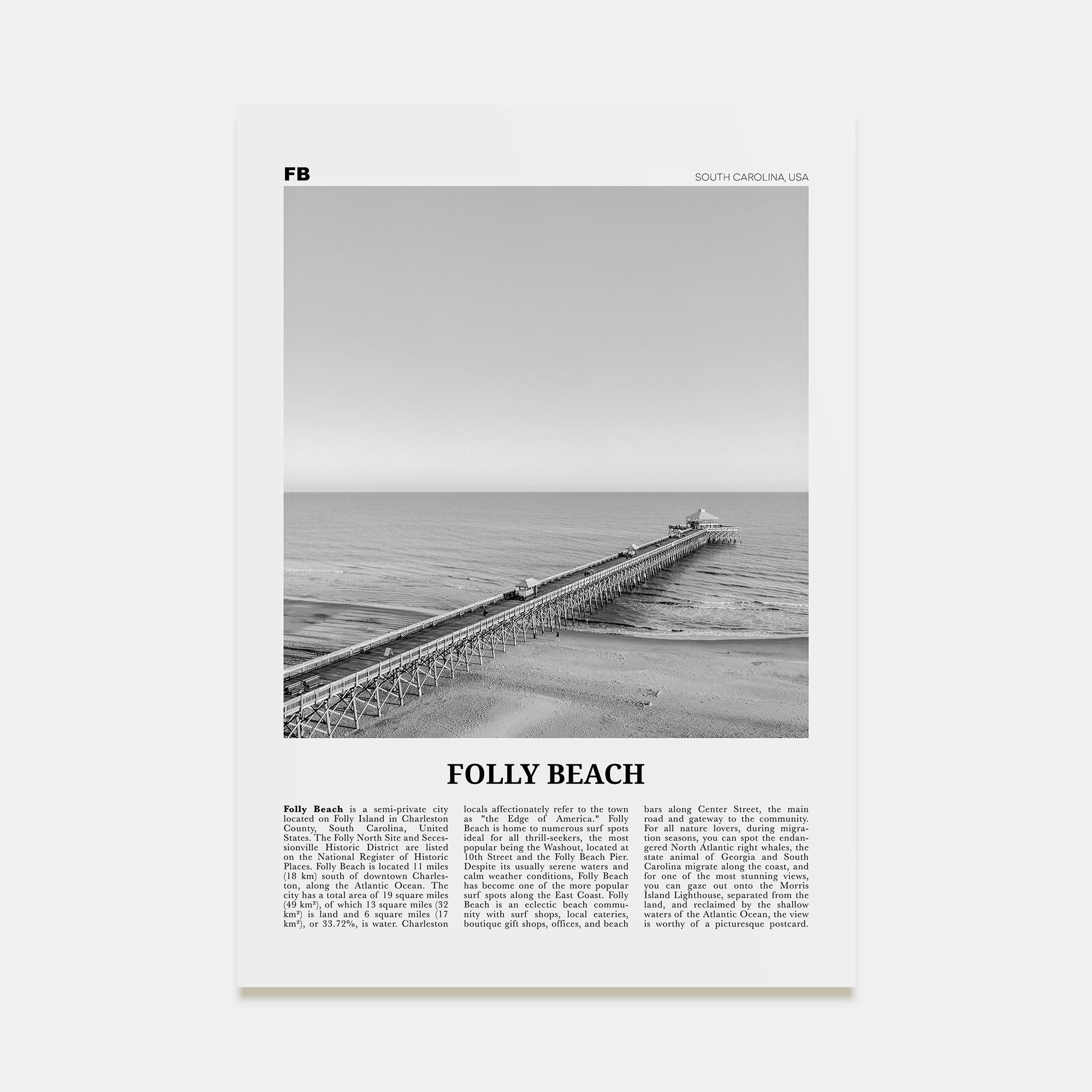 Folly Beach Travel B&W Poster