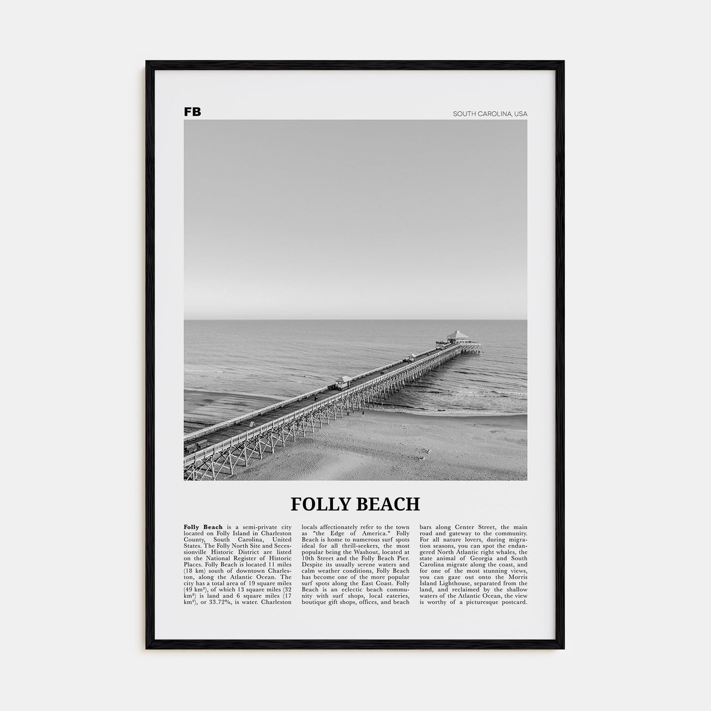 Folly Beach Travel B&W Poster