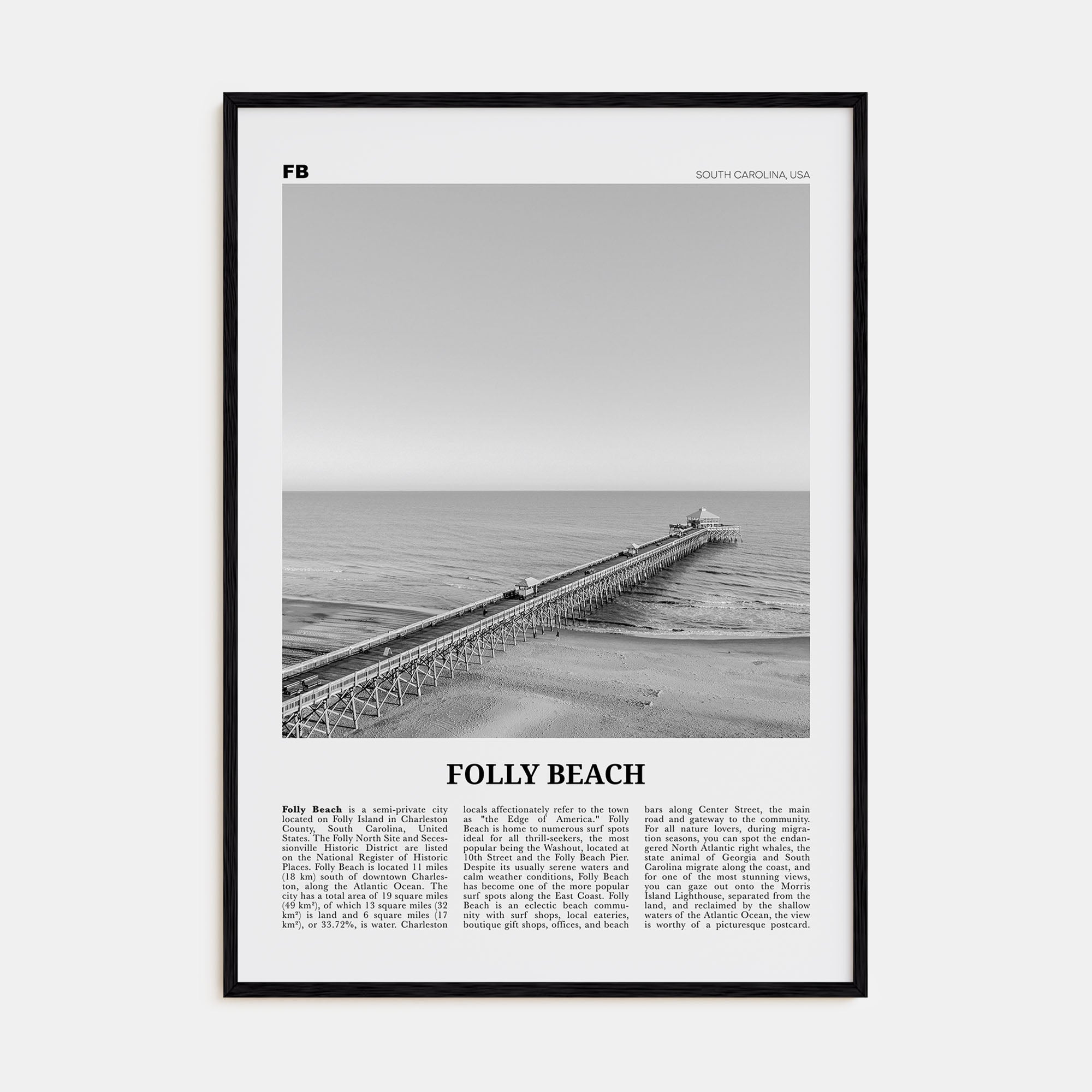 Folly Beach Travel B&W Poster