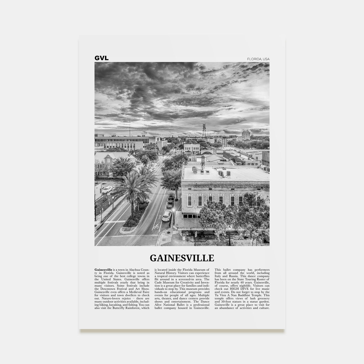 Gainesville Travel B&W Poster