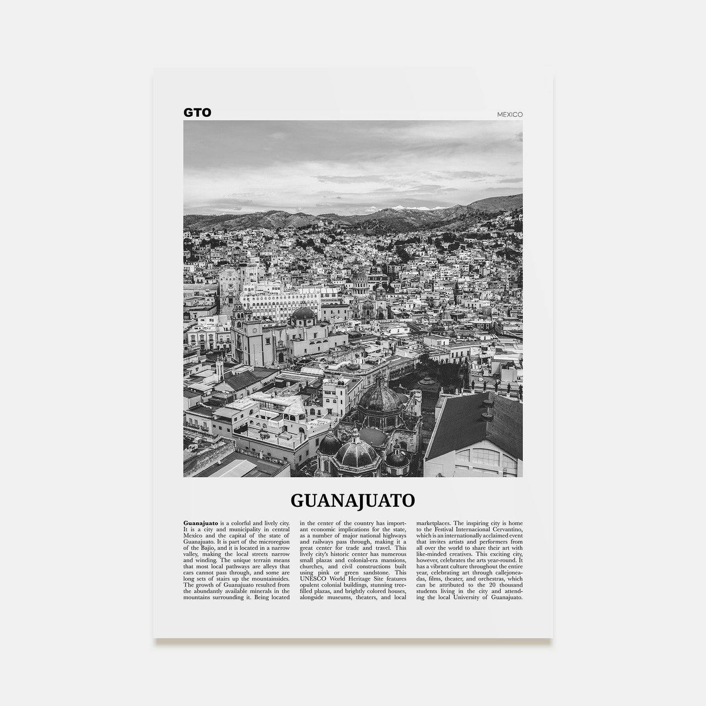 Guanajuato City Travel B&W Poster