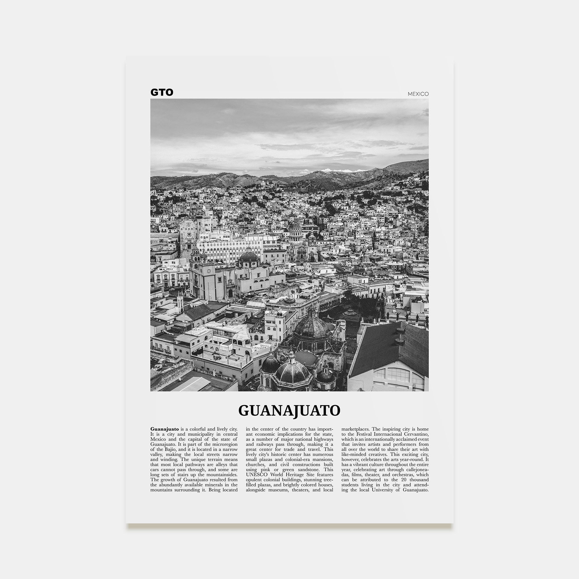 Guanajuato City Travel B&W Poster