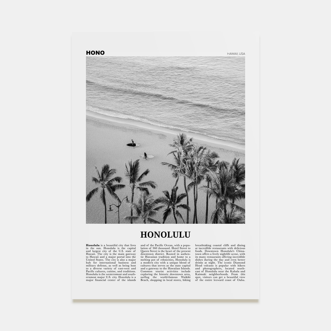 Honolulu Travel B&W No 1 Poster