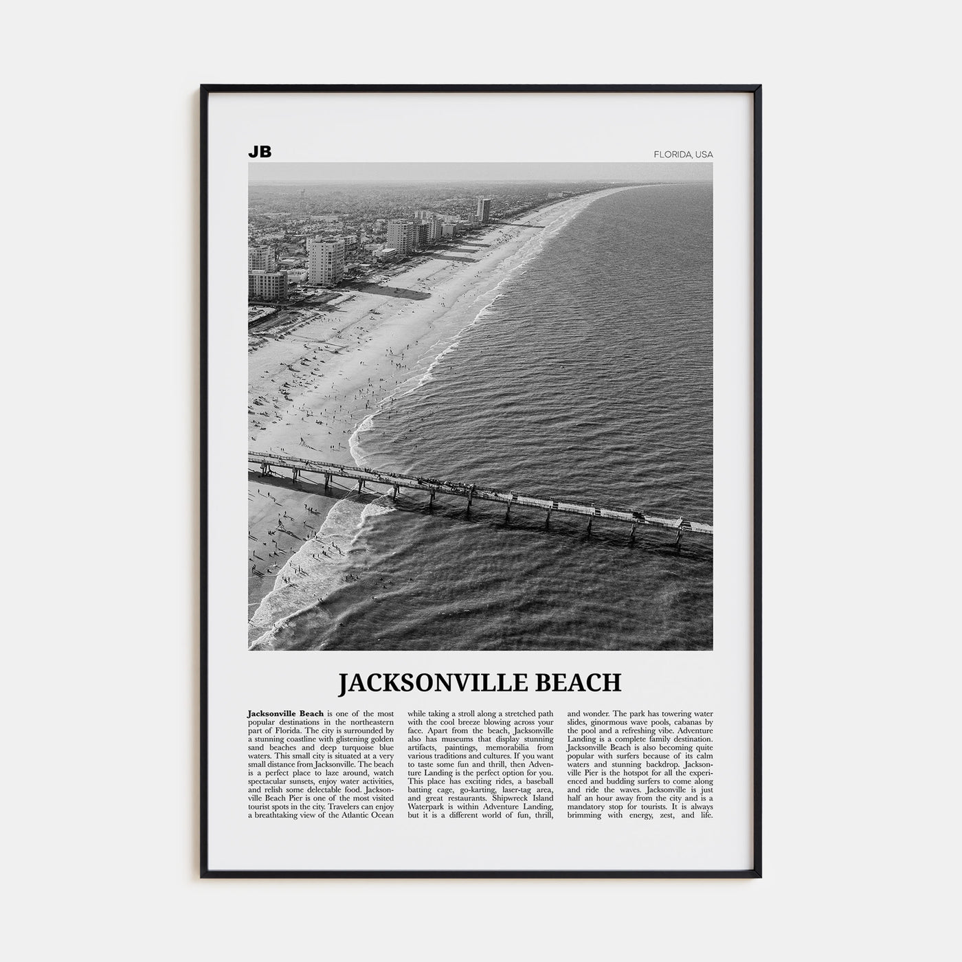 Jacksonville Beach Travel B&W Poster