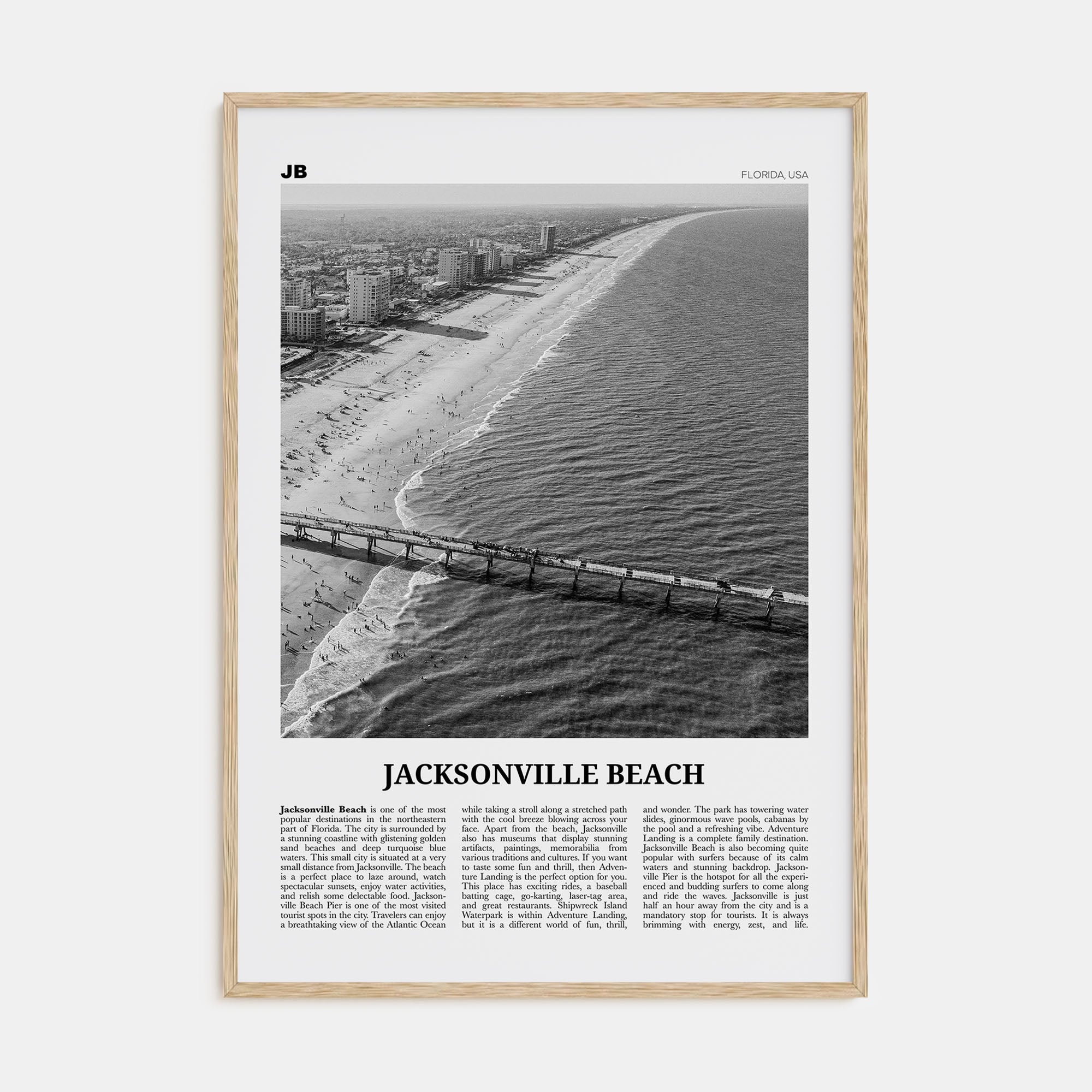 Jacksonville Beach Travel B&W Poster