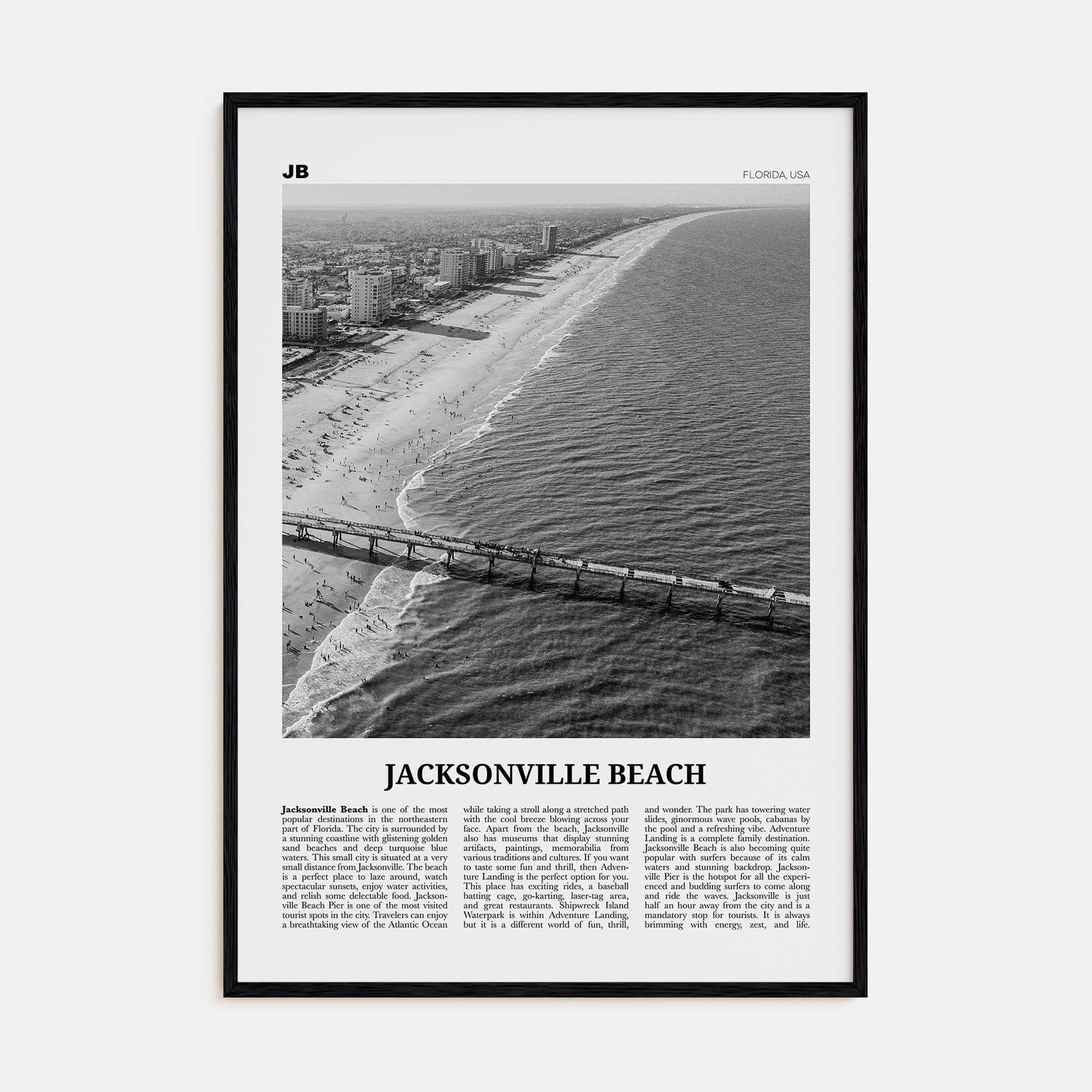 Jacksonville Beach Travel B&W Poster