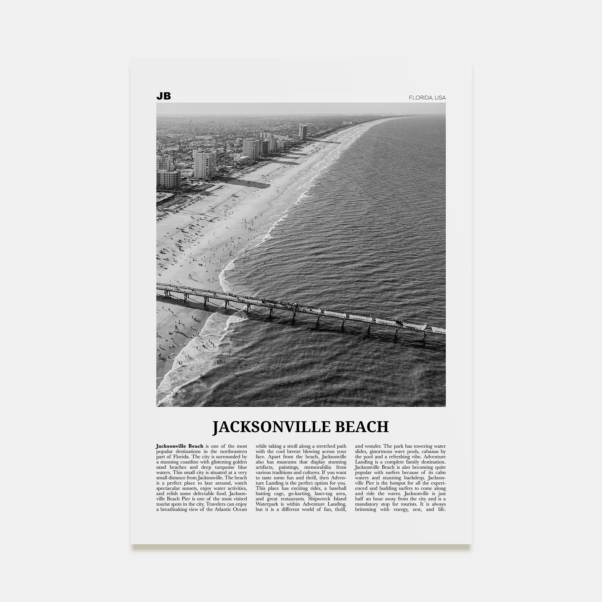 Jacksonville Beach Travel B&W Poster