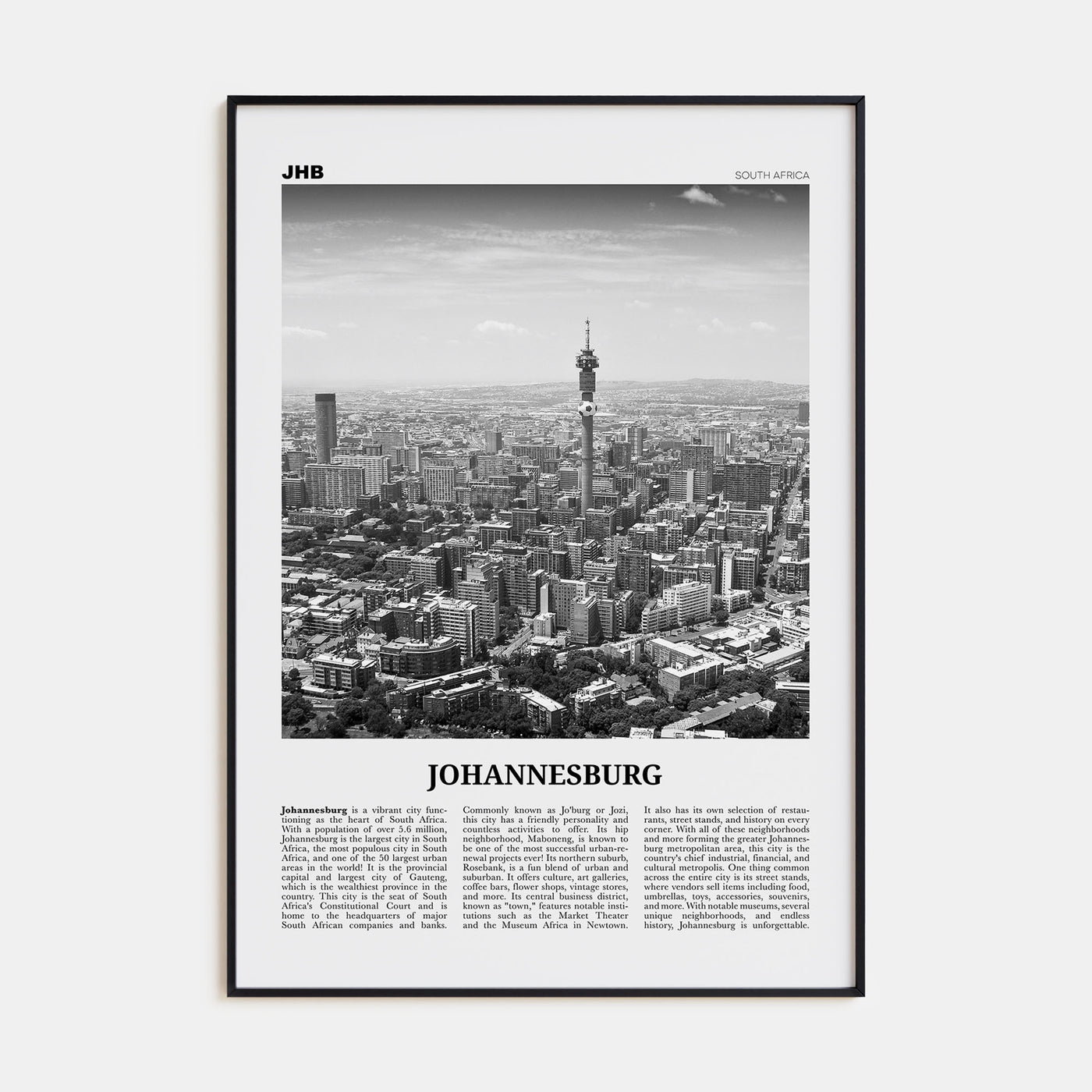 Johannesburg Travel B&W No 1 Poster
