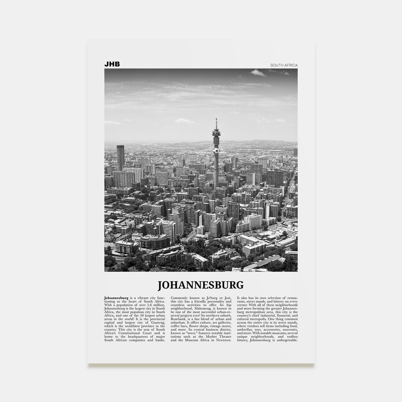 Johannesburg Travel B&W No 1 Poster