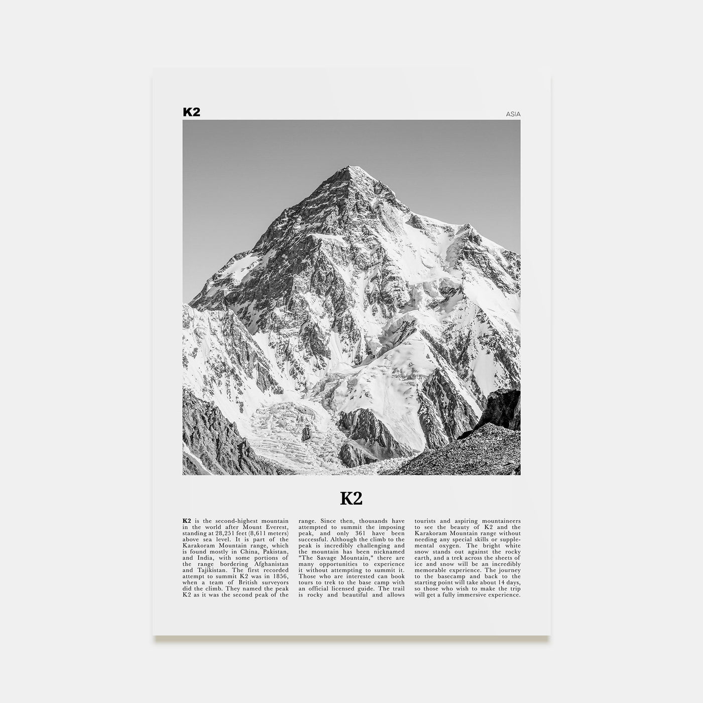 K2 Travel B&W Poster