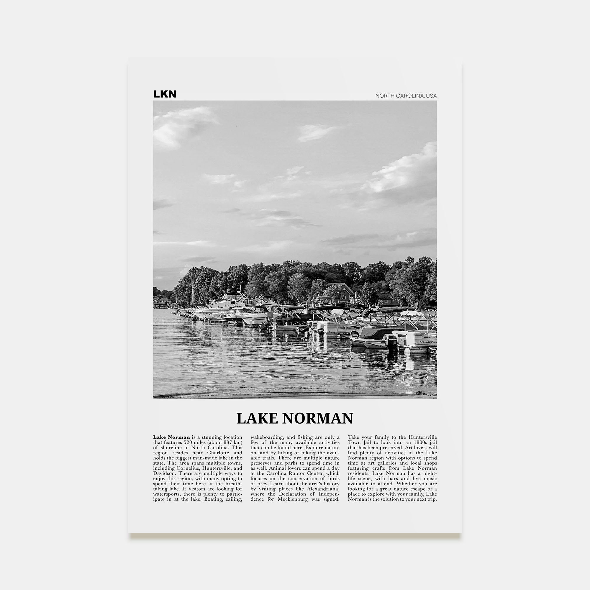 Lake Norman Travel B&W Poster