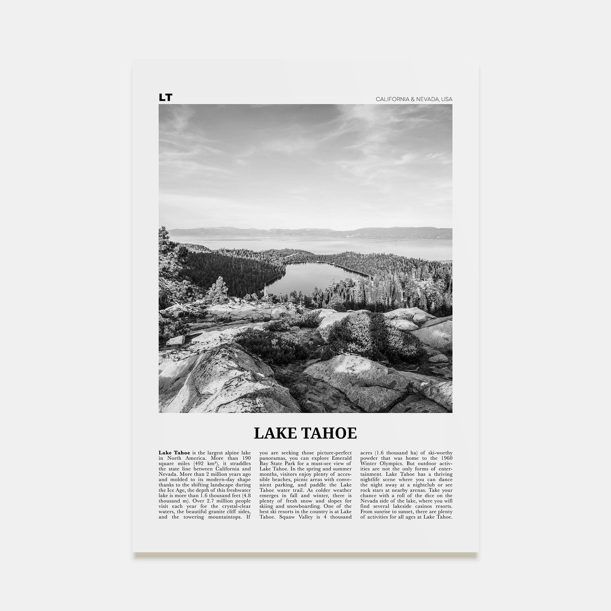 Lake Tahoe Travel B&W No 2 Poster