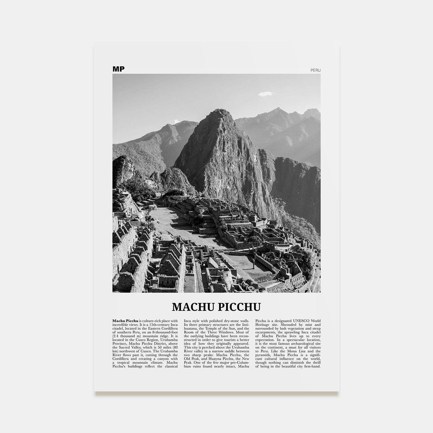 Machu Picchu Travel B&W Poster