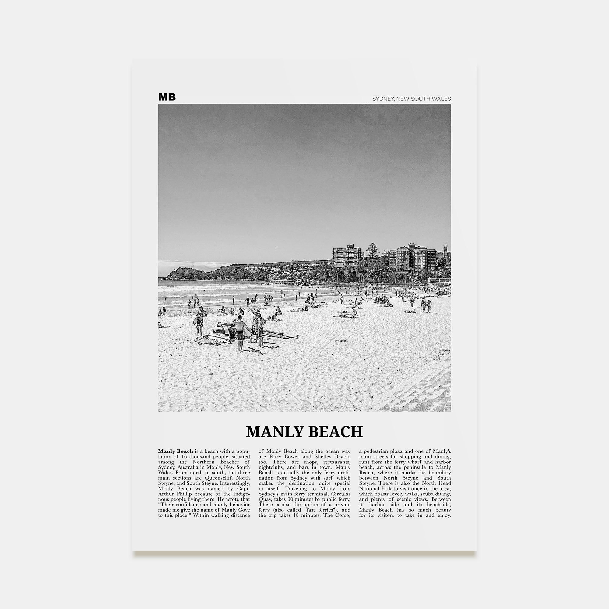 Manly Beach Travel B&W Poster