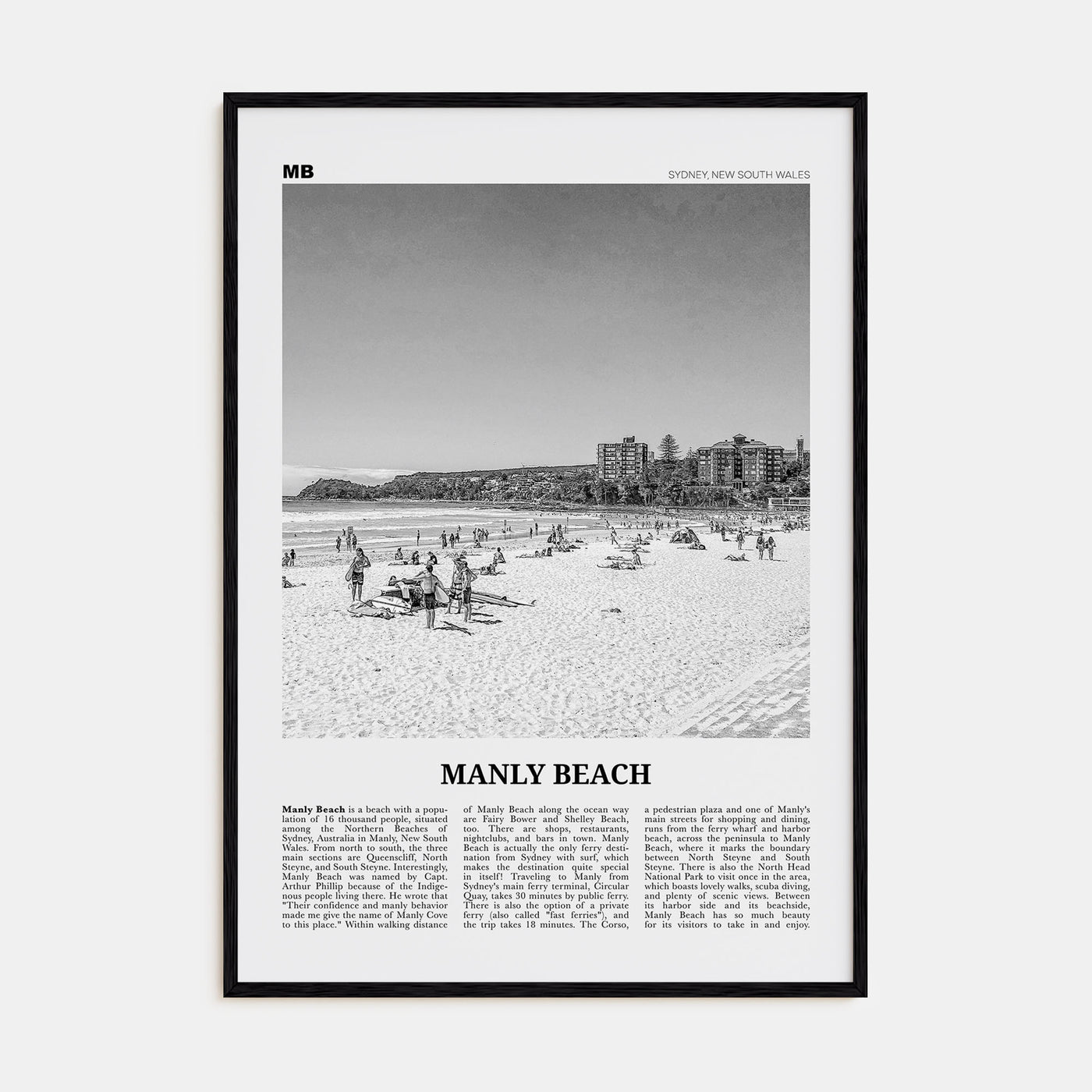 Manly Beach Travel B&W Poster