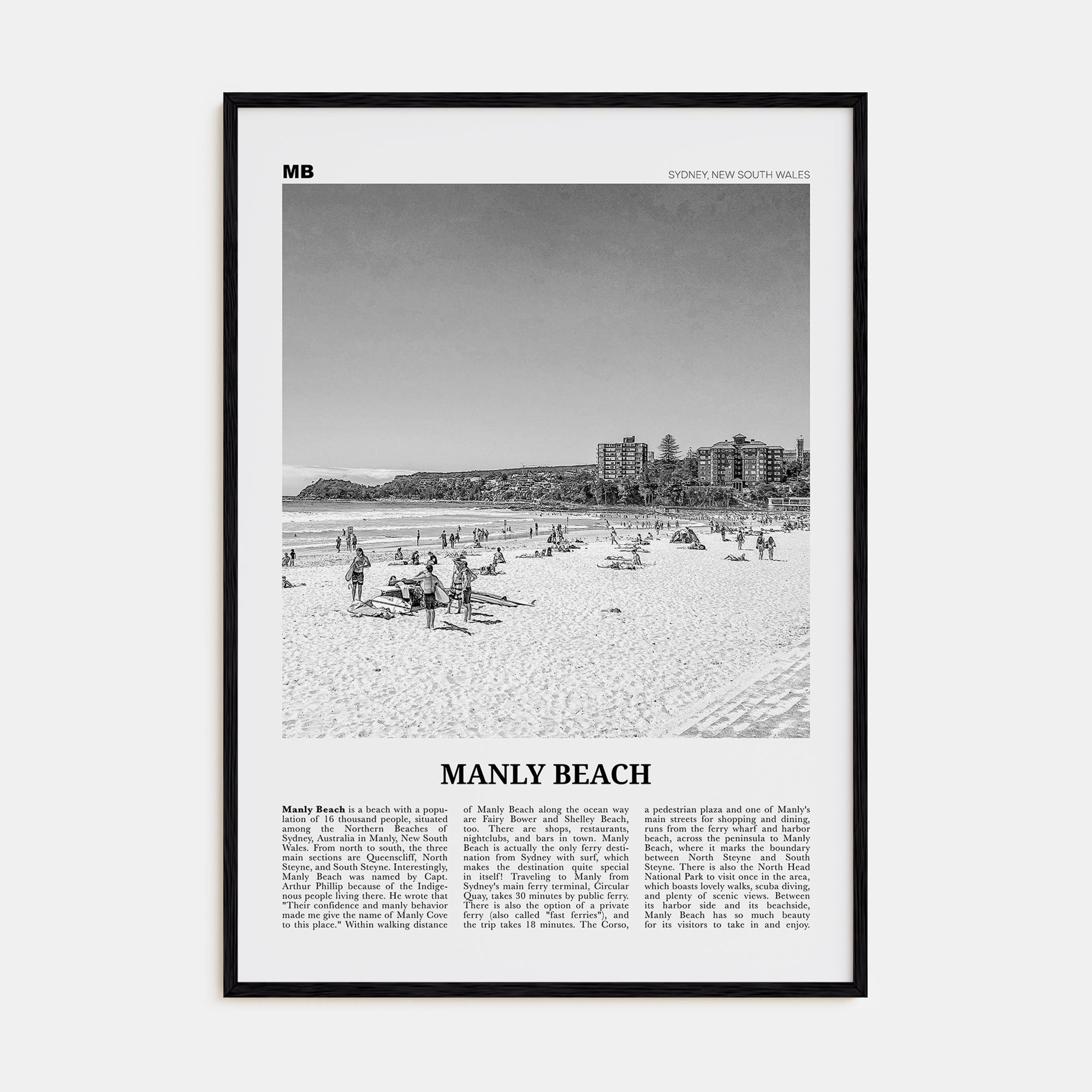 Manly Beach Travel B&W Poster