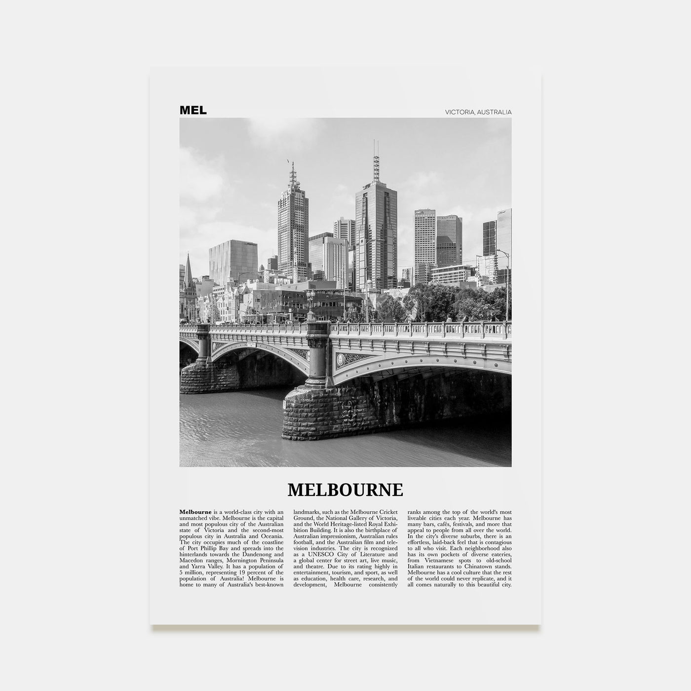 Melbourne, Australia Travel B&W No 1 Poster