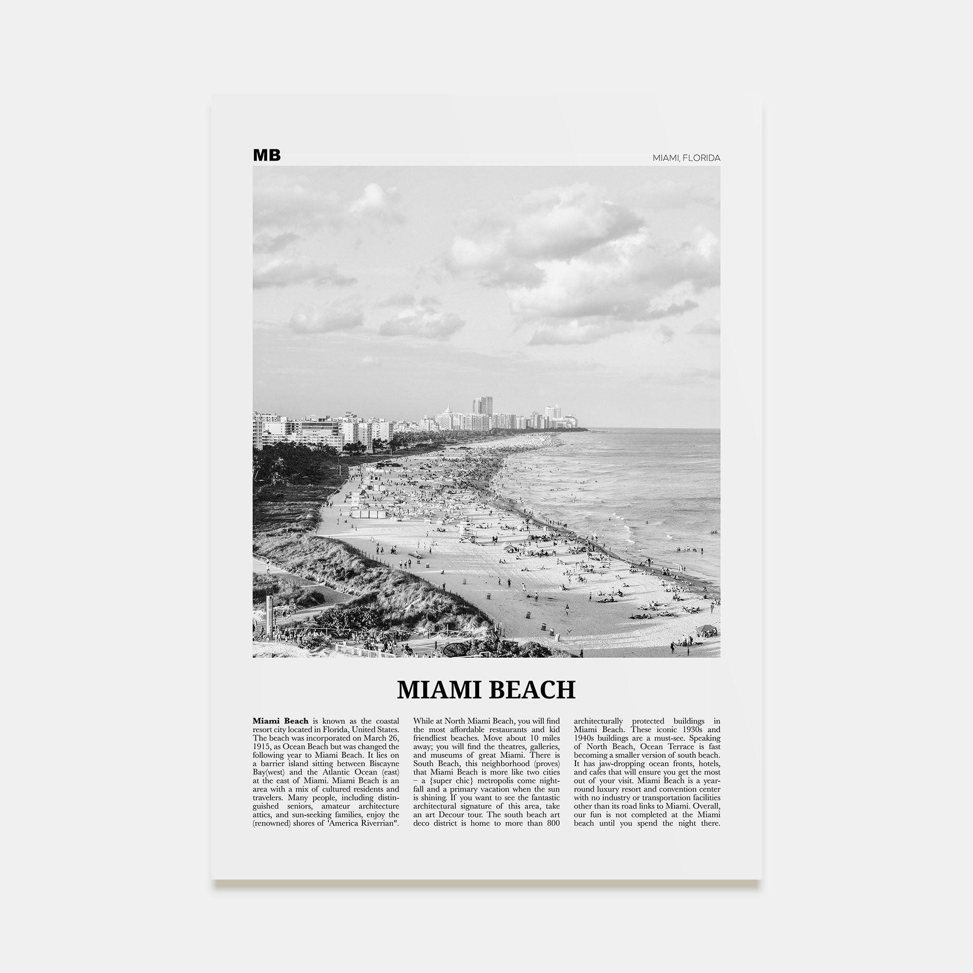 Miami Beach Travel B&W Poster