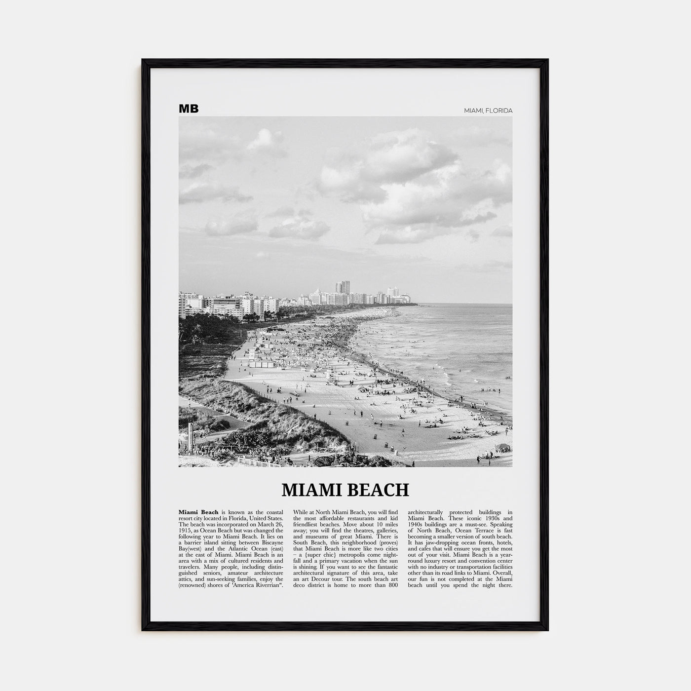 Miami Beach Travel B&W Poster