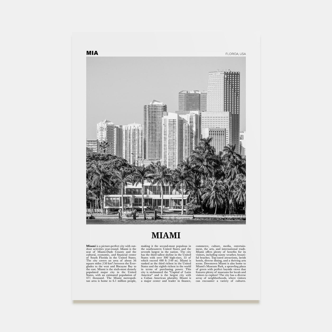 Miami Travel B&W No 4 Poster