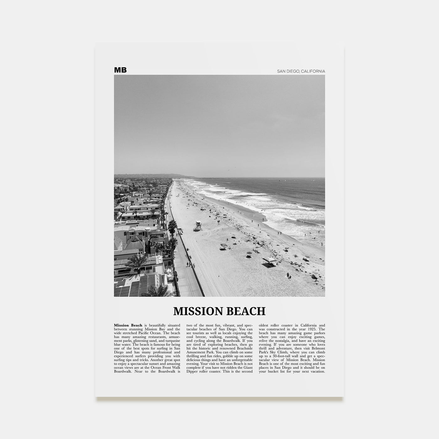 Mission Beach, San Diego Travel B&W No 1 Poster