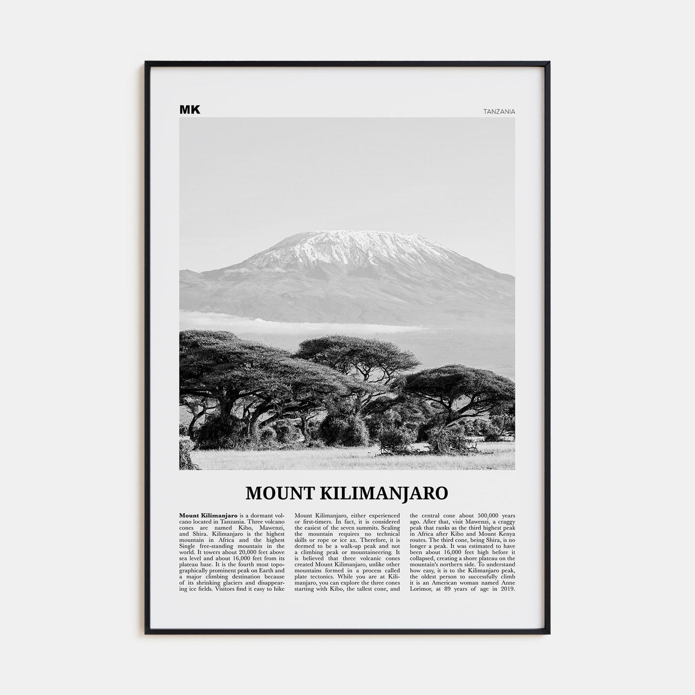 Mount Kilimanjaro Travel B&W Poster