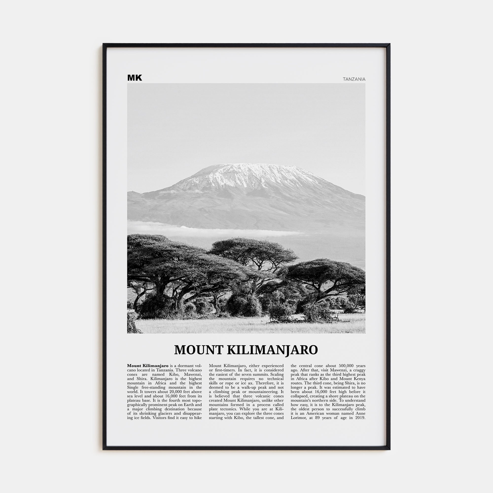 Mount Kilimanjaro Travel B&W Poster