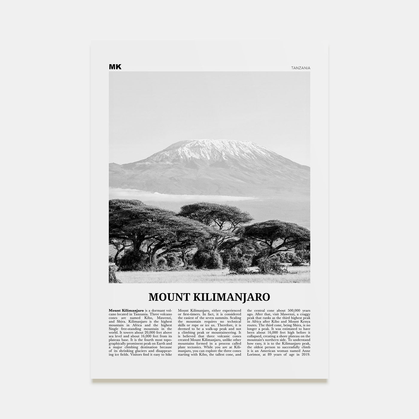 Mount Kilimanjaro Travel B&W Poster