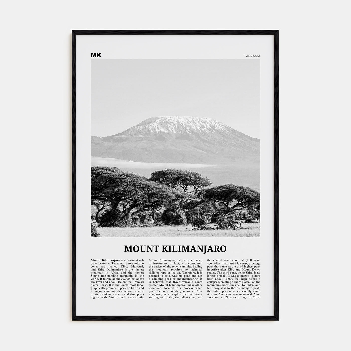 Mount Kilimanjaro Travel B&W Poster