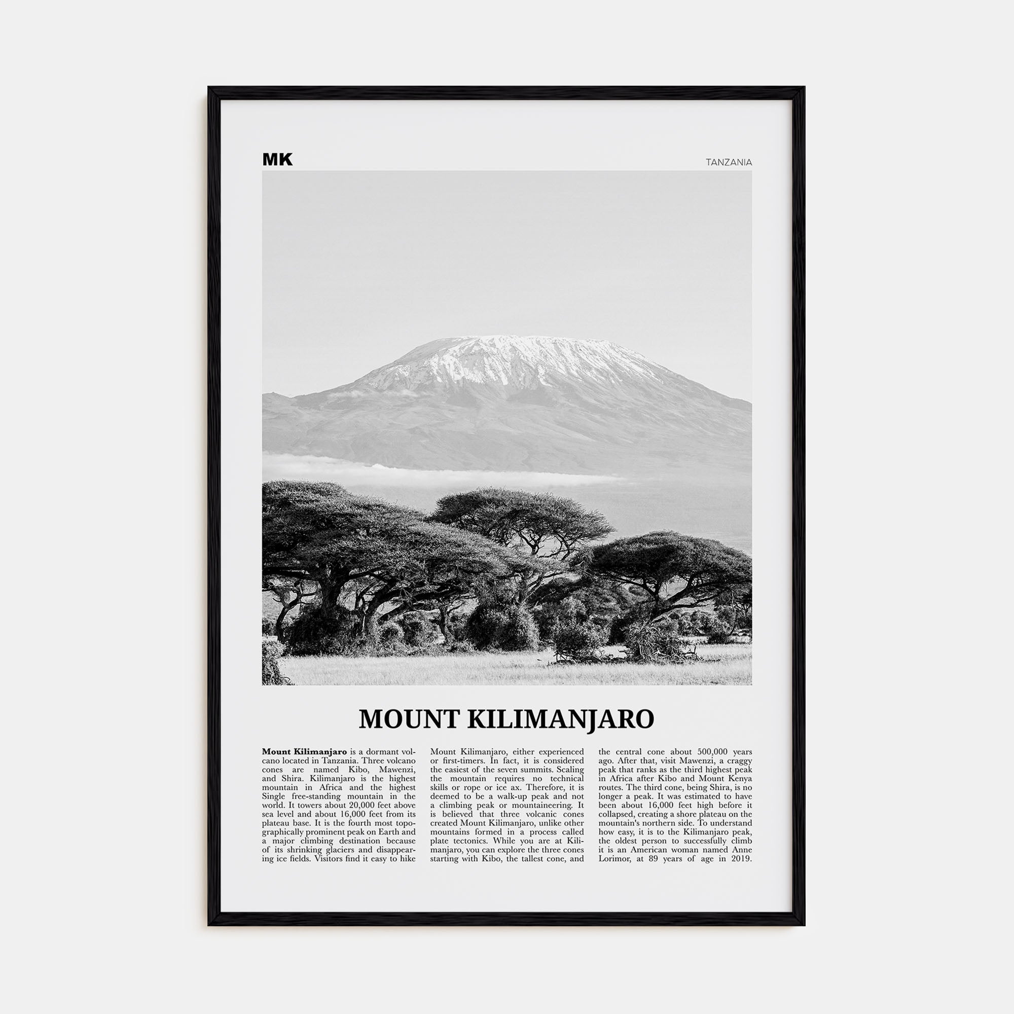 Mount Kilimanjaro Travel B&W Poster