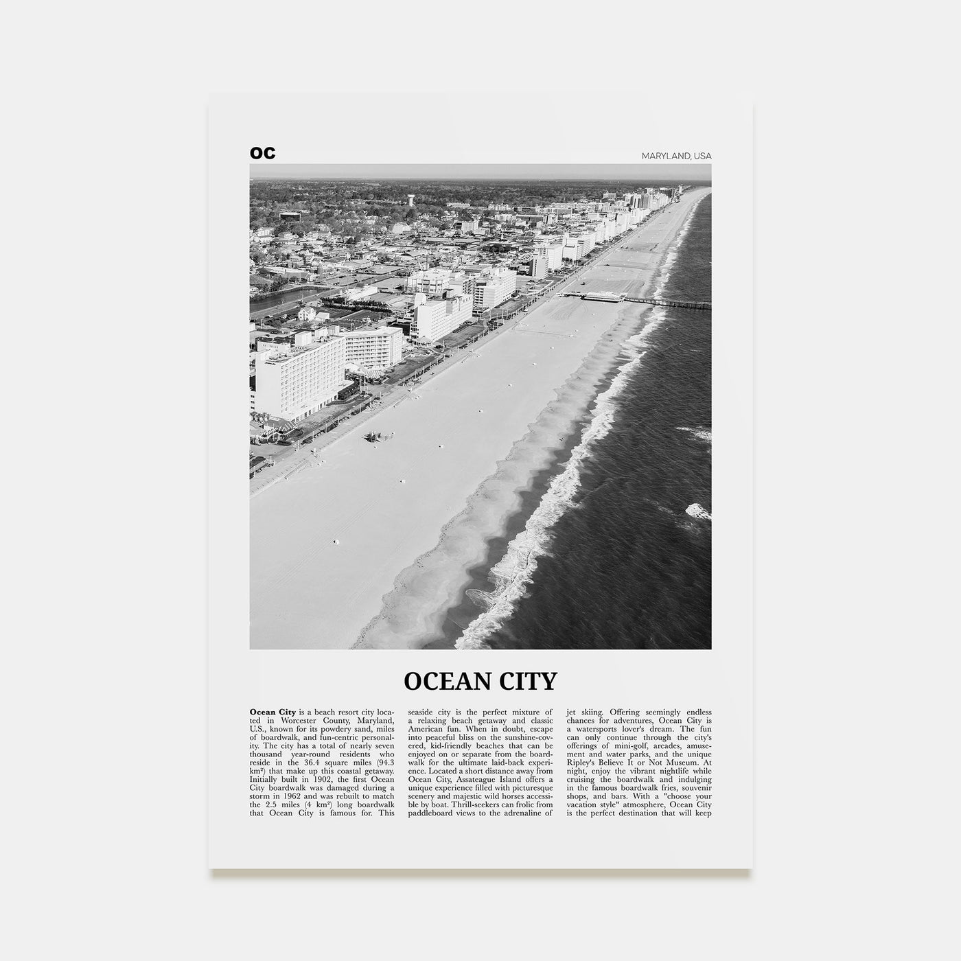 Ocean City, Maryland Travel B&W Poster