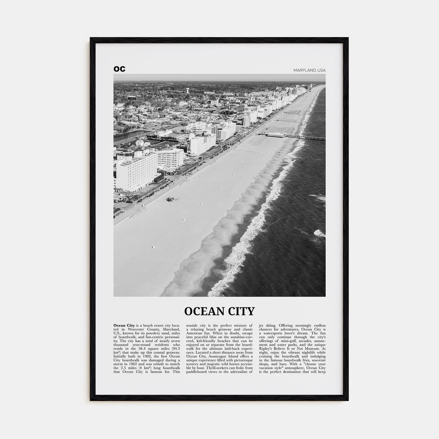 Ocean City, Maryland Travel B&W Poster