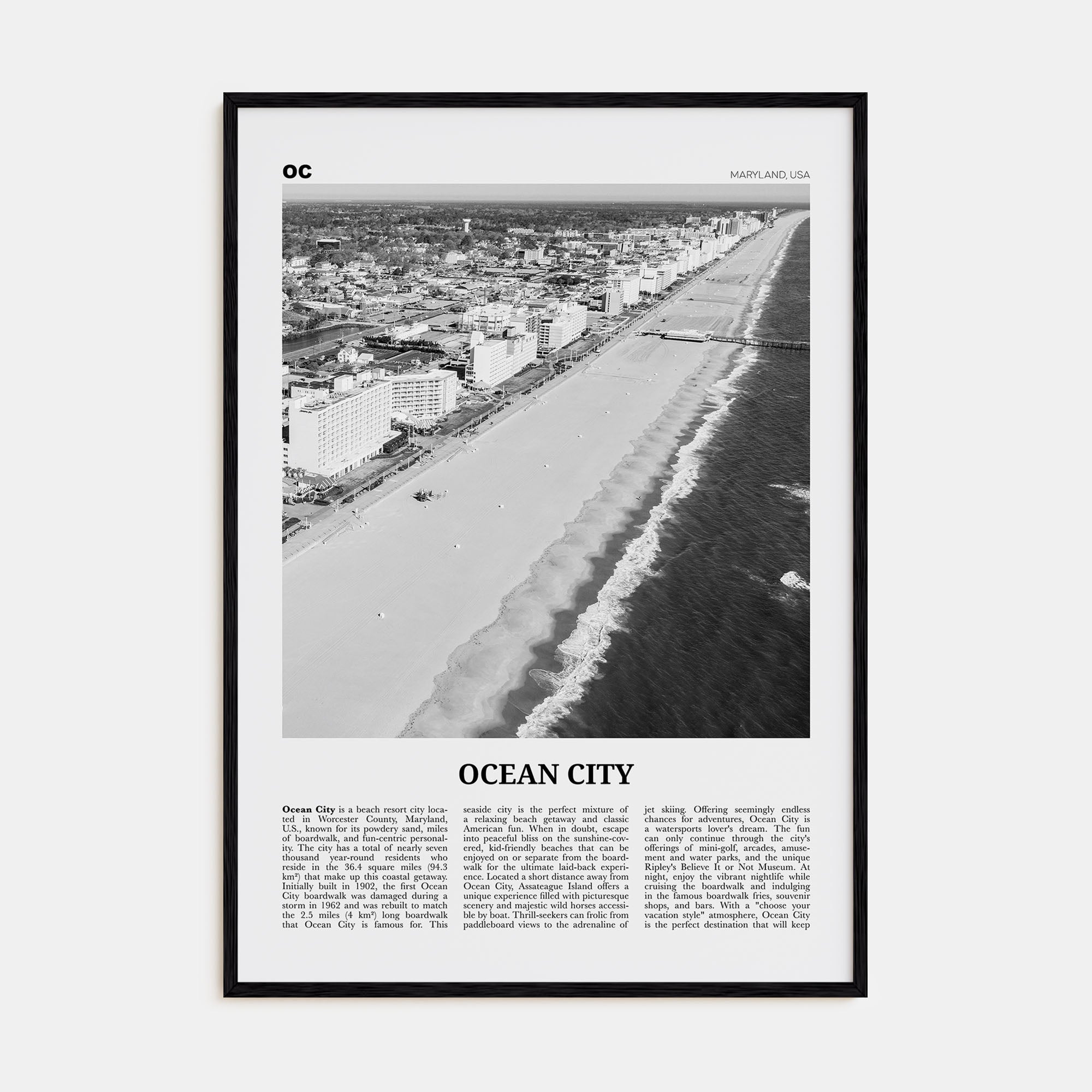 Ocean City, Maryland Travel B&W Poster