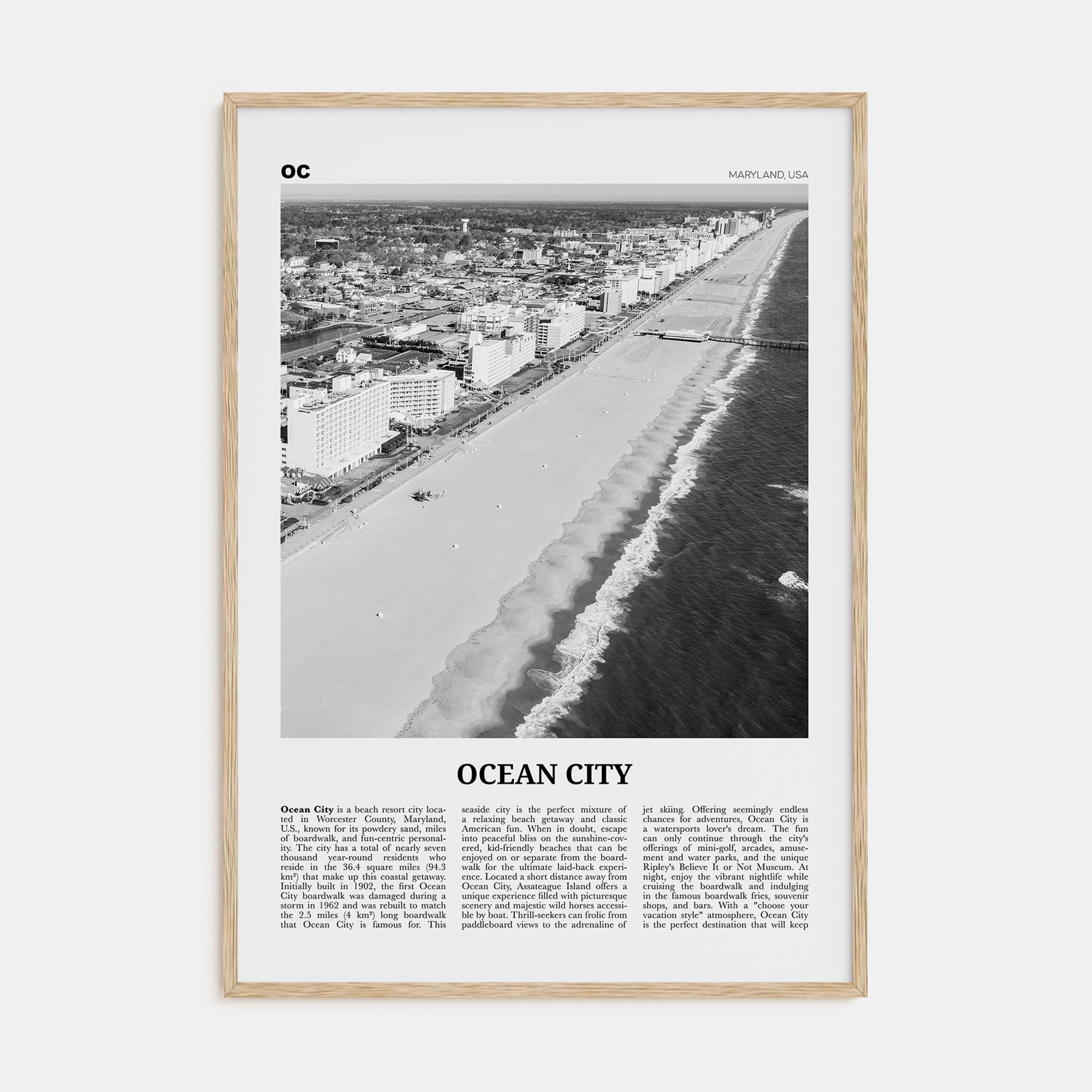 Ocean City, Maryland Travel B&W Poster
