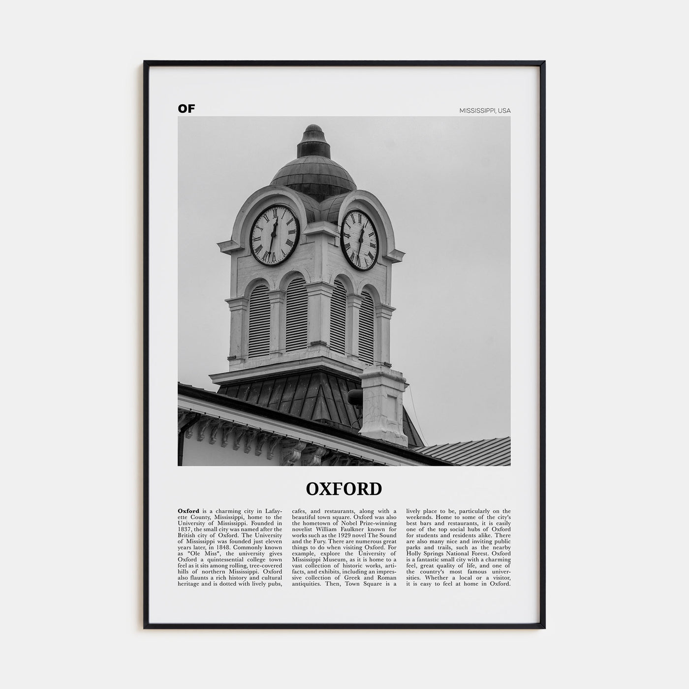Oxford, Mississippi Travel B&W Poster
