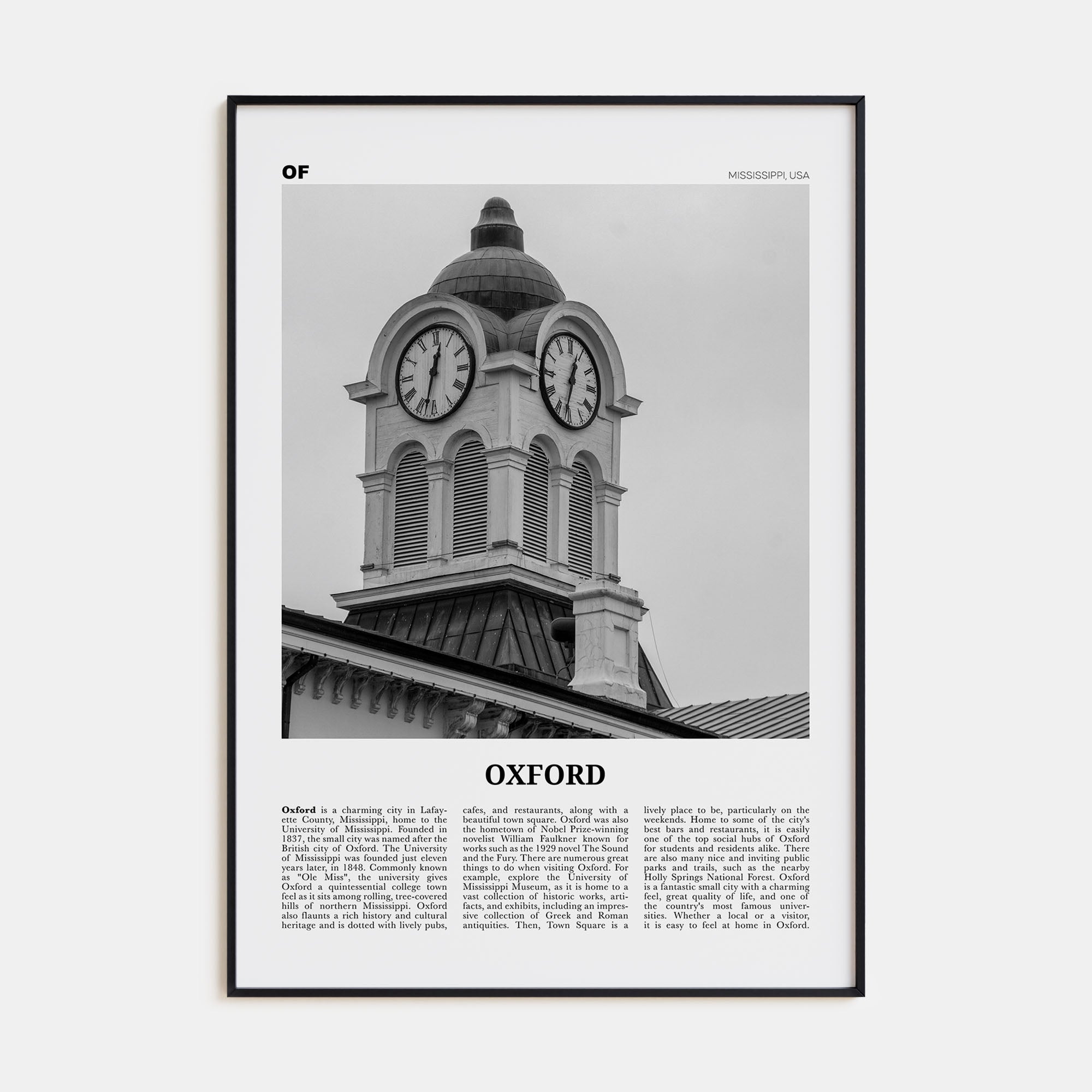 Oxford, Mississippi Travel B&W Poster
