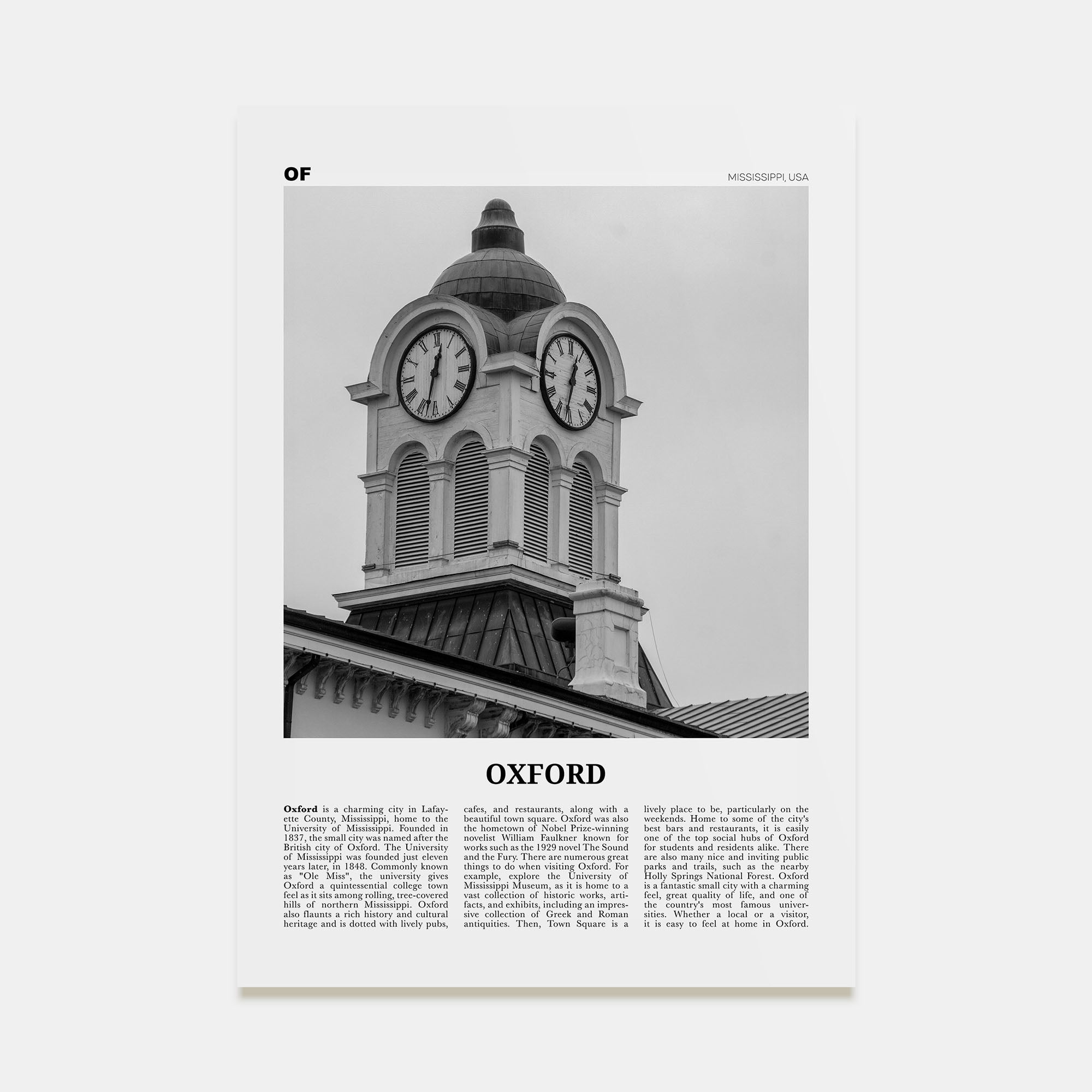 Oxford, Mississippi Travel B&W Poster