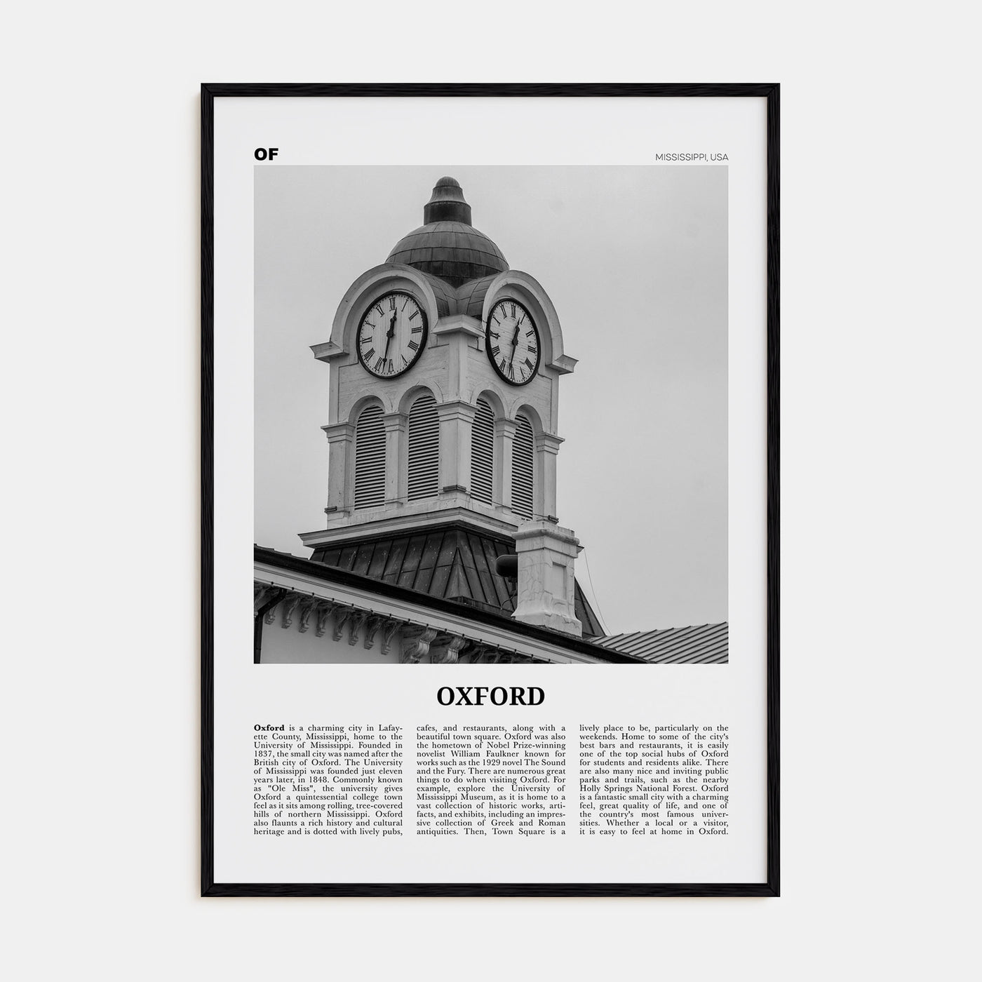 Oxford, Mississippi Travel B&W Poster