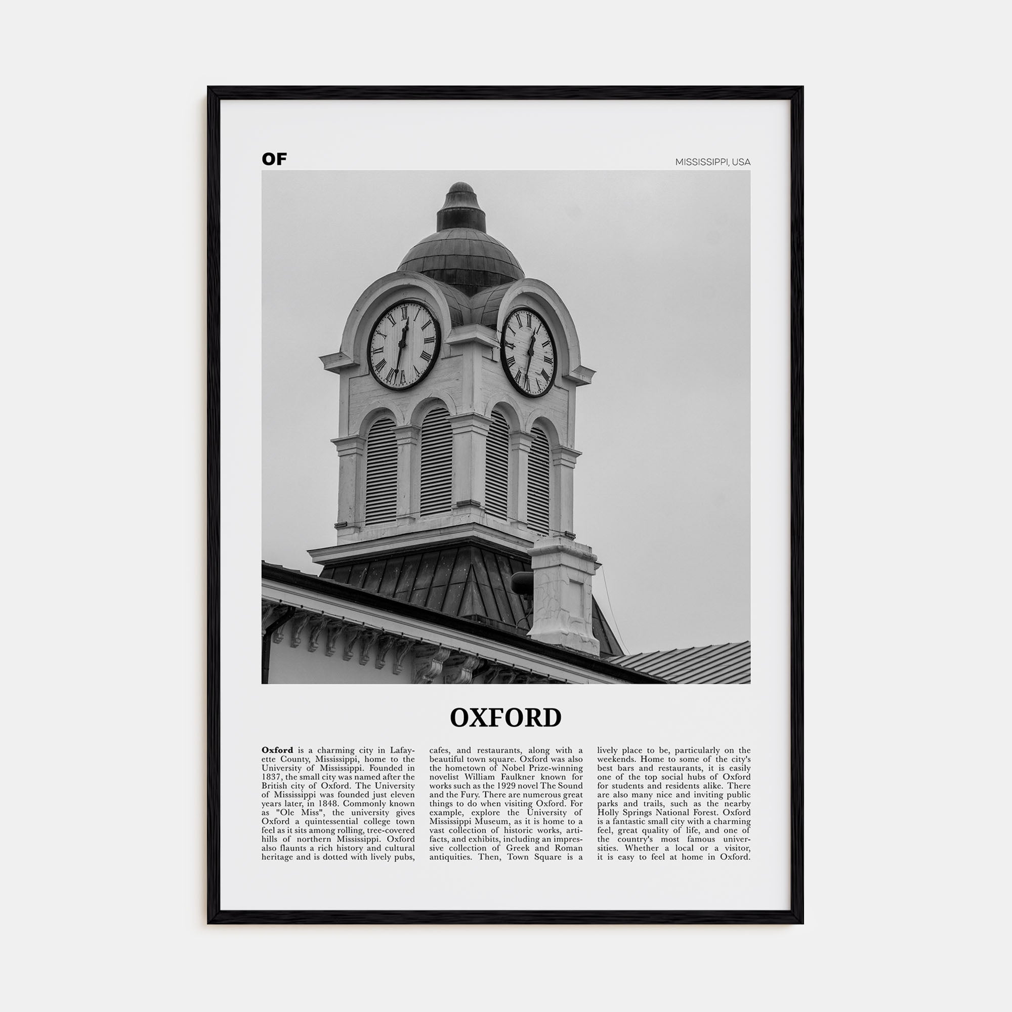 Oxford, Mississippi Travel B&W Poster