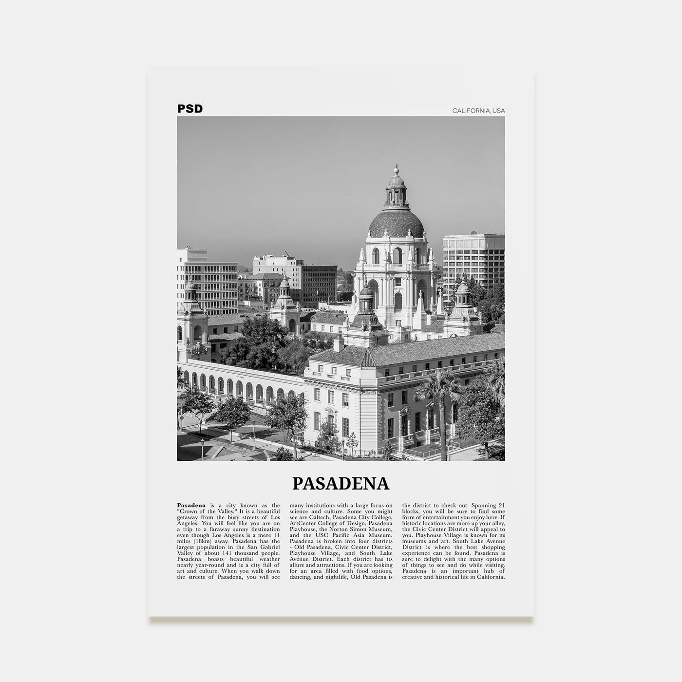 Pasadena Travel B&W Poster