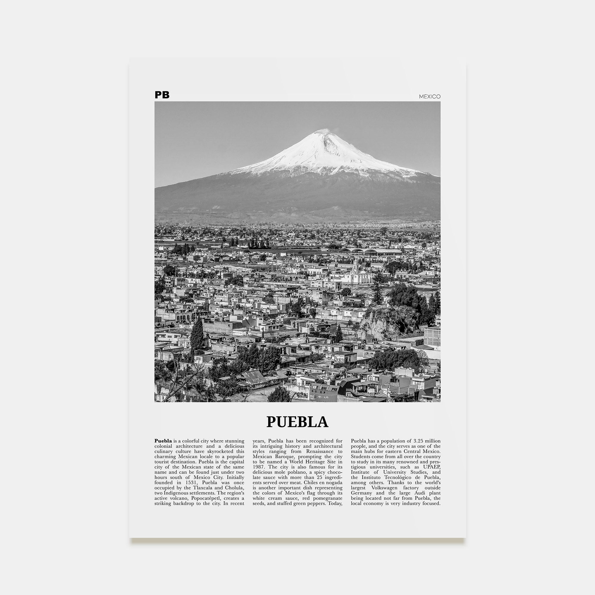 Puebla Travel B&W Poster
