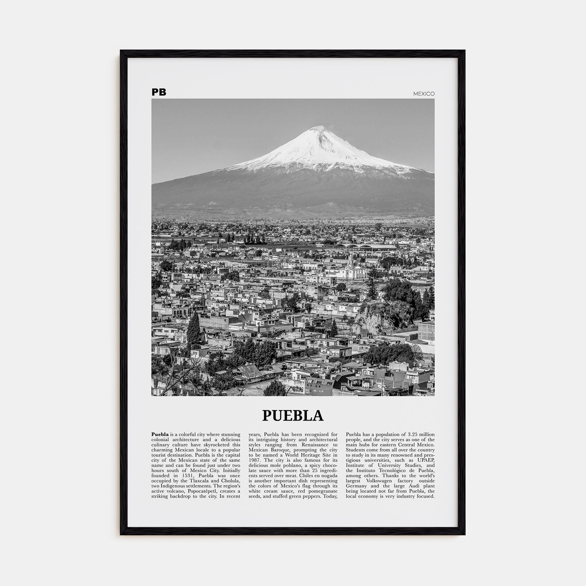 Puebla Travel B&W Poster