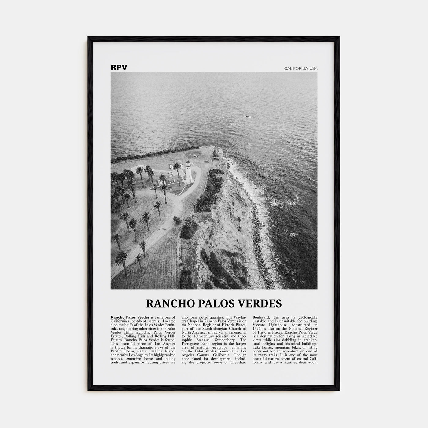 Rancho Palos Verdes Travel B&W Poster