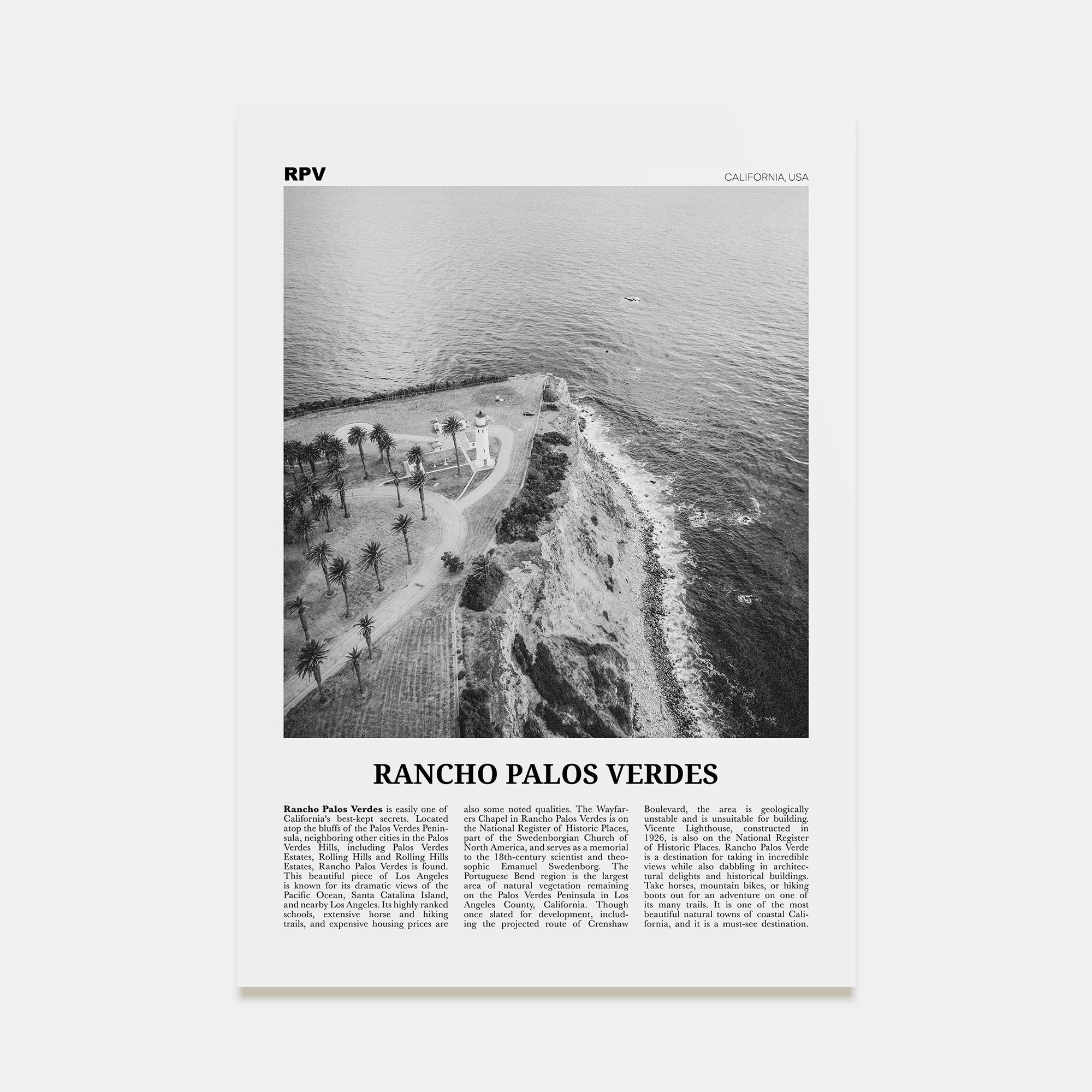 Rancho Palos Verdes Travel B&W Poster