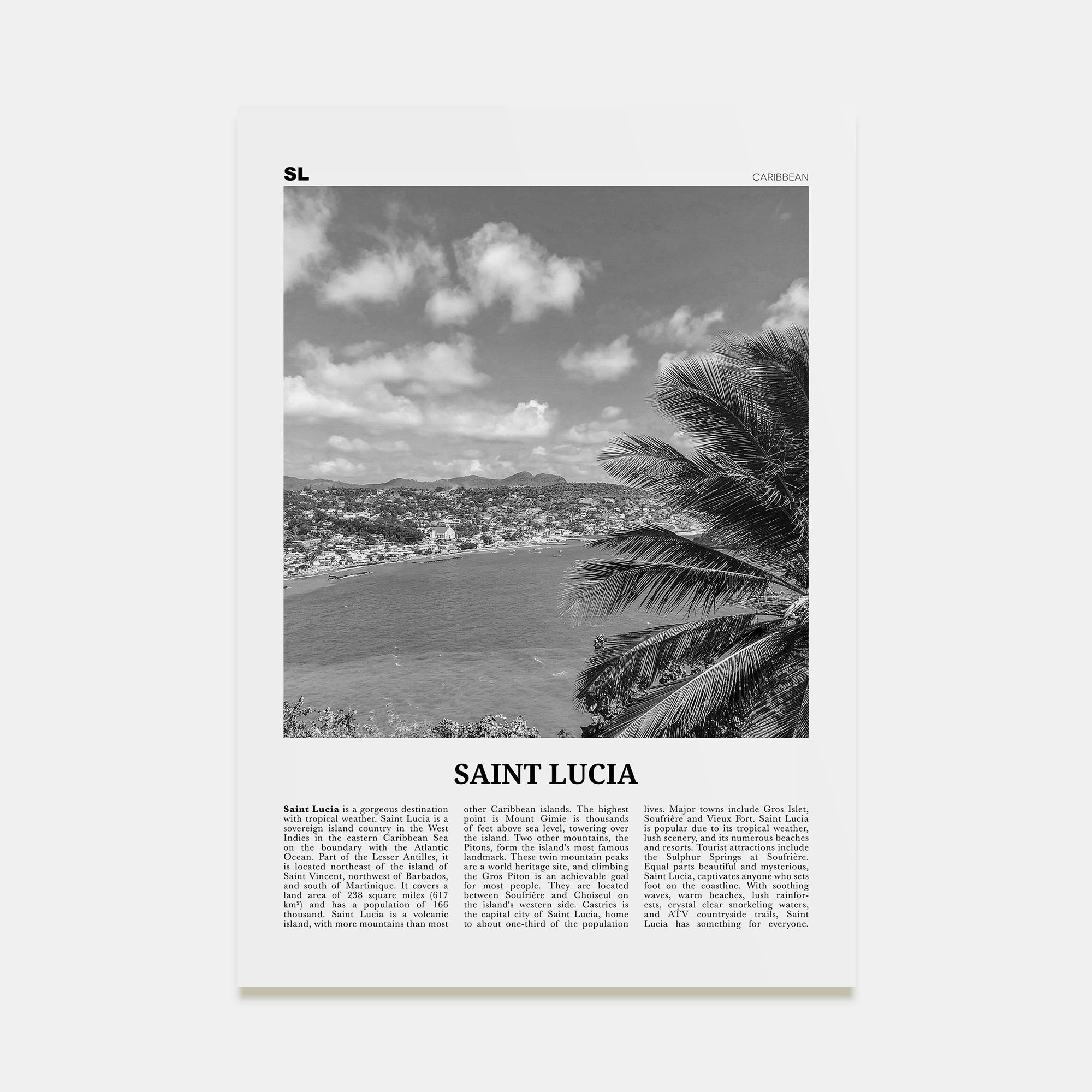 Saint Lucia Travel B&W Poster