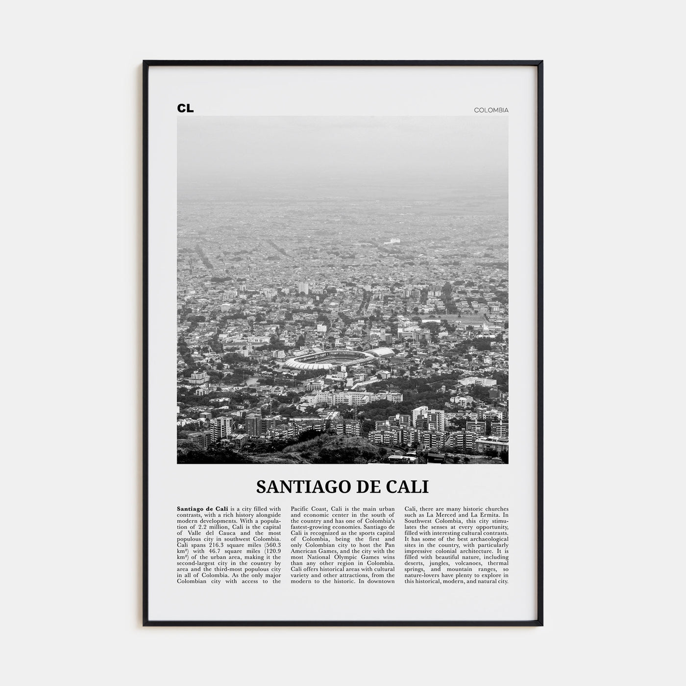 Santiago de Cali Travel B&W Poster