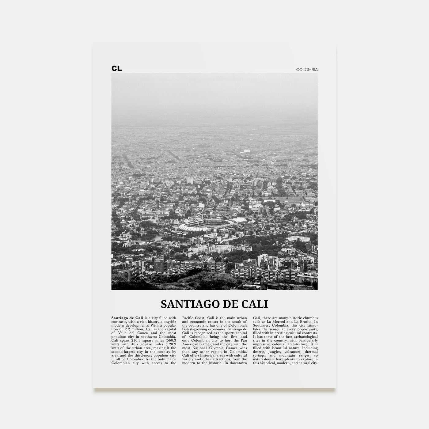 Santiago de Cali Travel B&W Poster