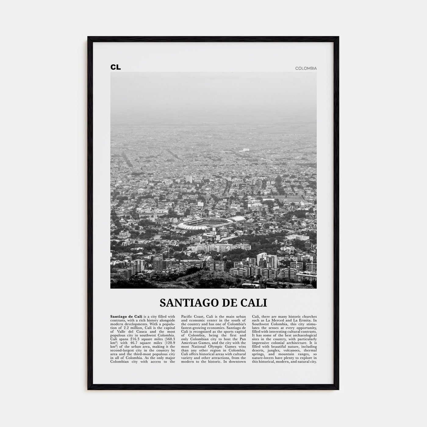 Santiago de Cali Travel B&W Poster